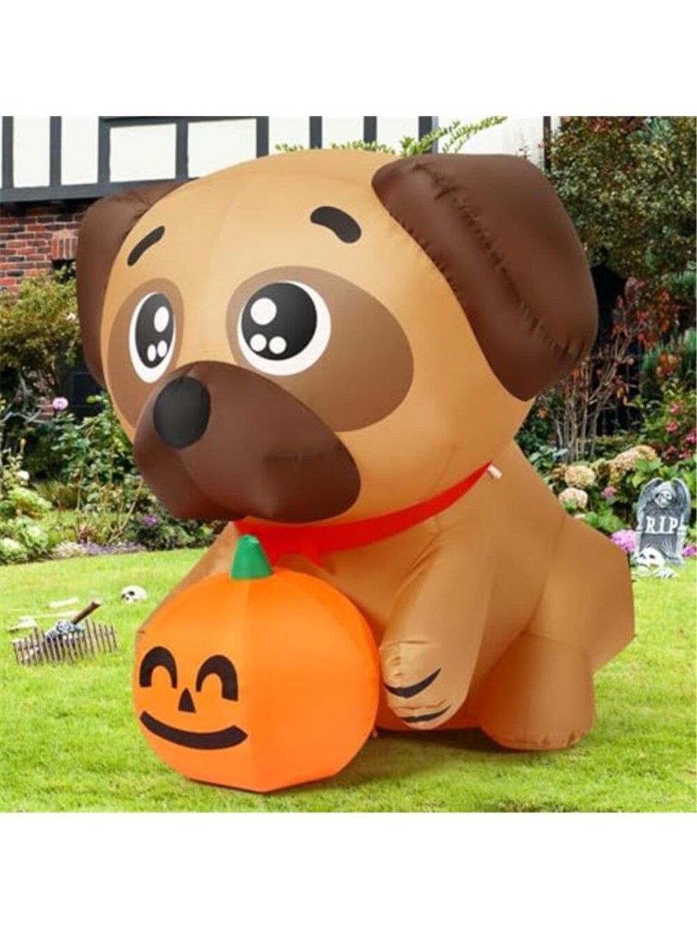 5 FT Long Halloween Inflatable Dog Blow Up Pug Holding Pumpkin with Built-in LED - Picture 5 of 6